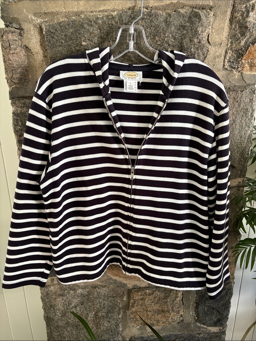 Size LP Talbots Navy and White Striped Zip-Up Hoodie